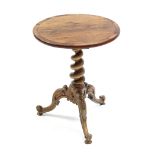 A 19th century tripod table, the circular rosewood top with burr-wood crossbanding, on walnut