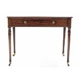 A Regency mahogany side table fitted frieze drawer with brass ring handles, & on four ring-turned