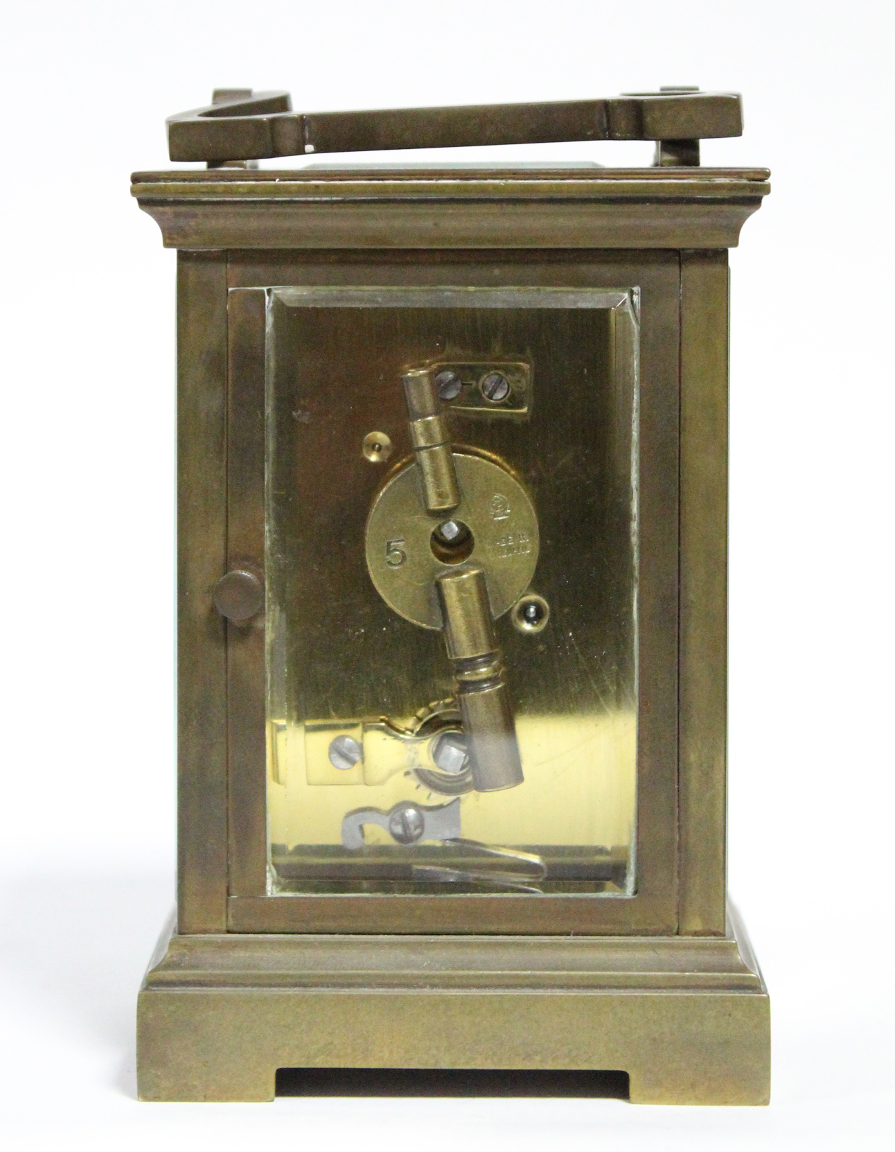 A brass carriage timepiece with black roman numerals to the white enamel dial; 4½” high. - Image 4 of 5