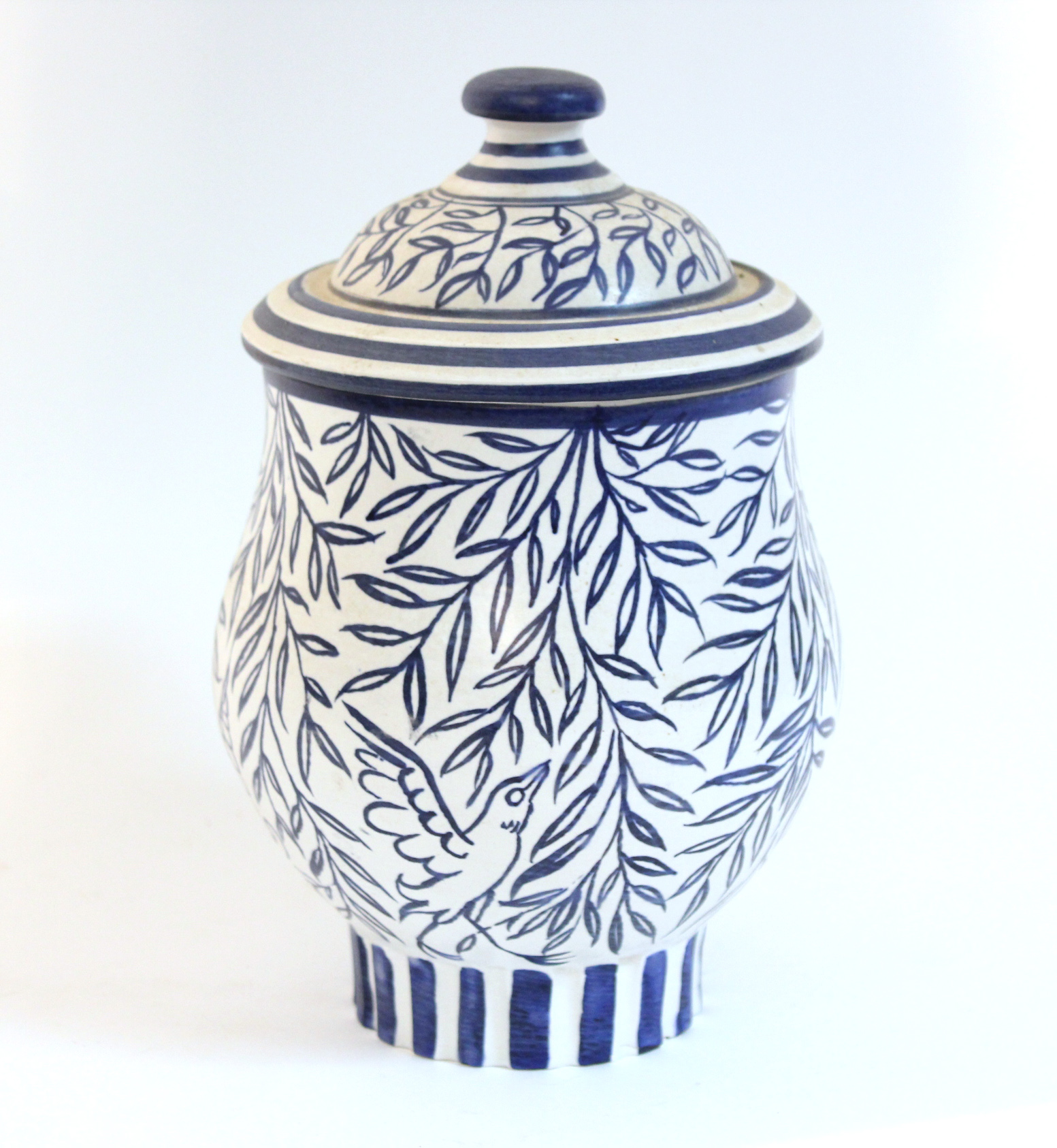 A Van der Straeten pottery blue & white baluster jar & cover, decorated with birds amongst - Image 2 of 4