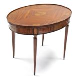 A 19th century Sheraton-style kingwood, mahogany & marquetry-inlaid oval centre table, on square