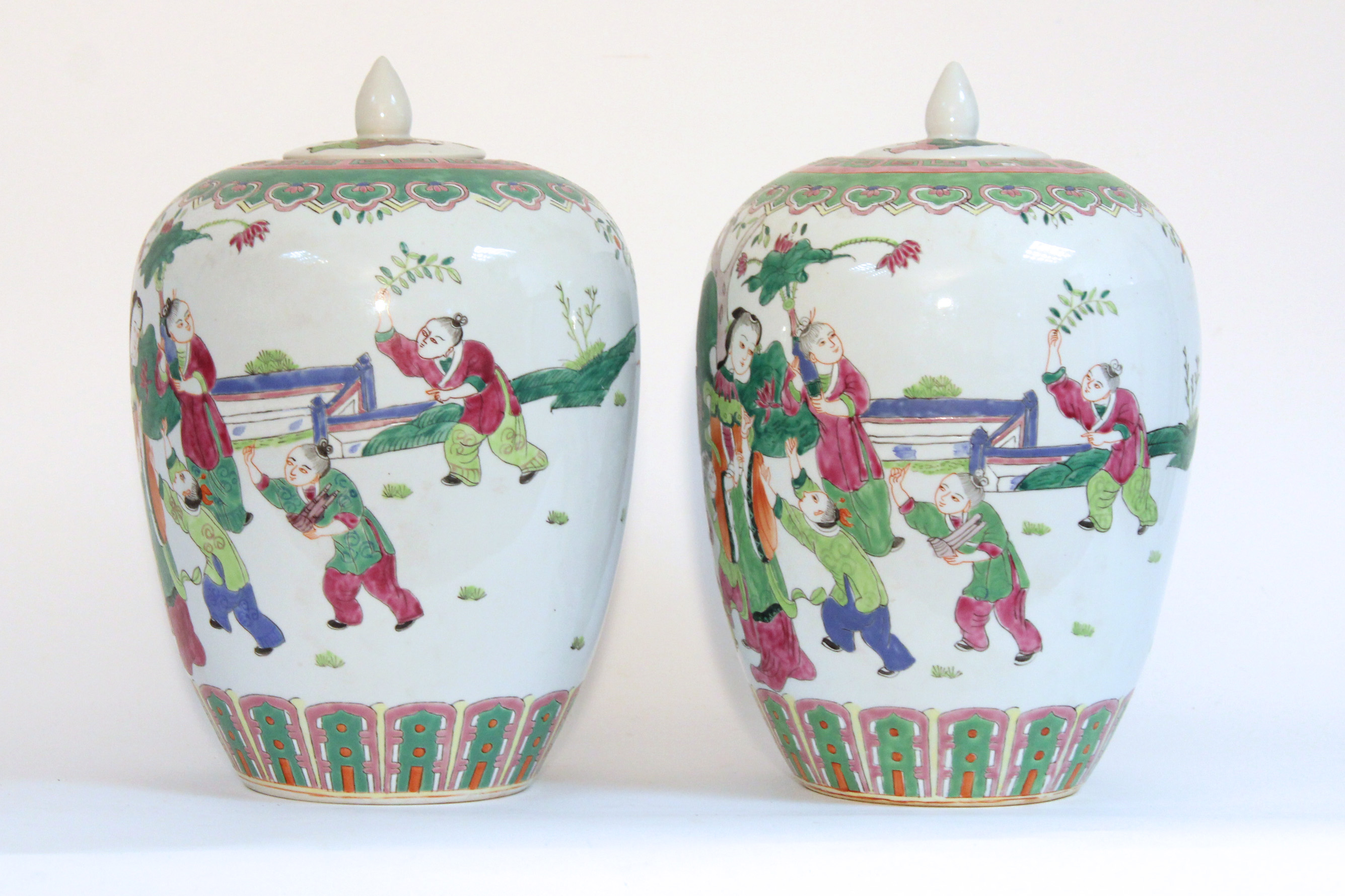 A pair of Chinese porcelain large ovoid vases & covers, decorated in famille verte enamels with - Image 2 of 10