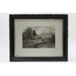 A large black & white print after R Gallon, titled “Haymaking in the Fens” 18½” x 25½”, in glazed