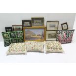 Ten various decorative paintings, prints, & picture frames; an embroidered bedcover; & five
