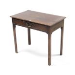 A Georgian mahogany side table fitted frieze drawer, & on chamfered square legs, 33” wide.