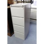 A Bisley grey art-metal four-drawer filing cabinet, 18½” wide x 52” high, with two keys.