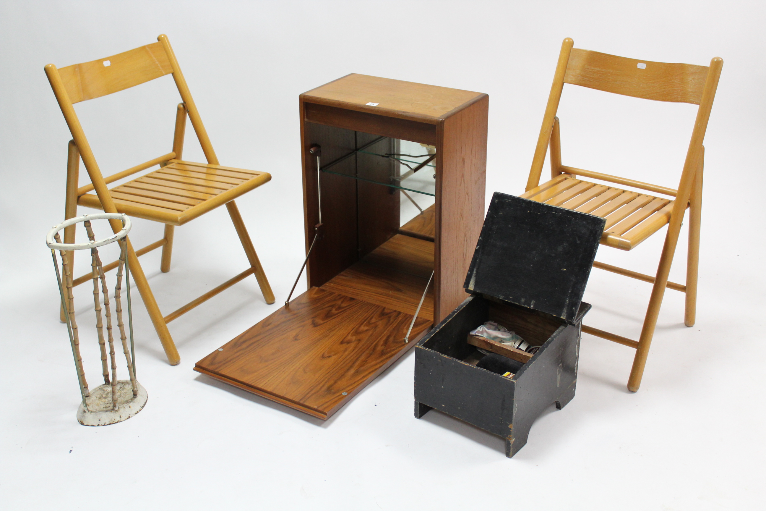 A G-plan teak small cabinet enclosed by fall-front panel door, 18½” wide; a shoeshine box; a pair of - Image 2 of 2