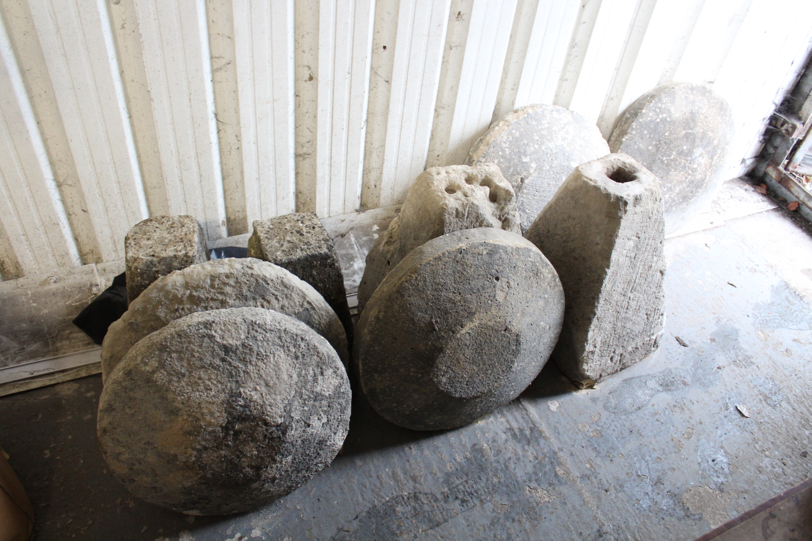 Four cast-stone staddle stones (various sizes); & a staddle stone top, part w.a.f. - Image 2 of 3