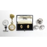 A pair of 9ct gold cufflinks; two fob watches; & three glass condiments each with silver top.