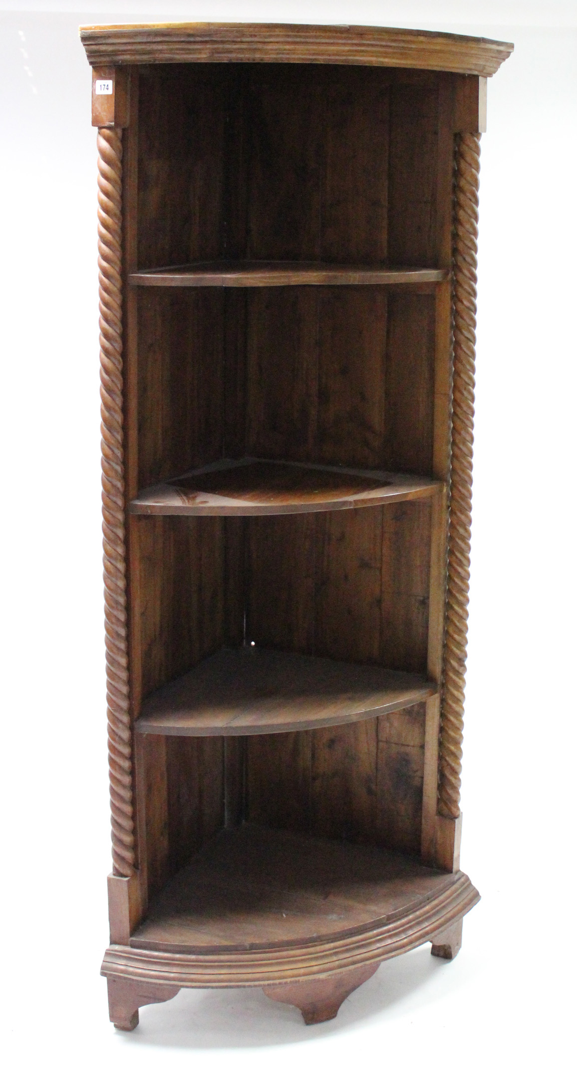 A teak tall standing four-tier open corner bookcase with spiral-twist pilasters, & on bracket - Image 2 of 2