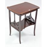 An Edwardian inlaid mahogany rectangular two-tier occasional table on square tapered legs, 22”