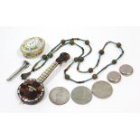 An Egyptian antique bead necklace; a tortoiseshell miniature mandolin; three vintage coins; & two