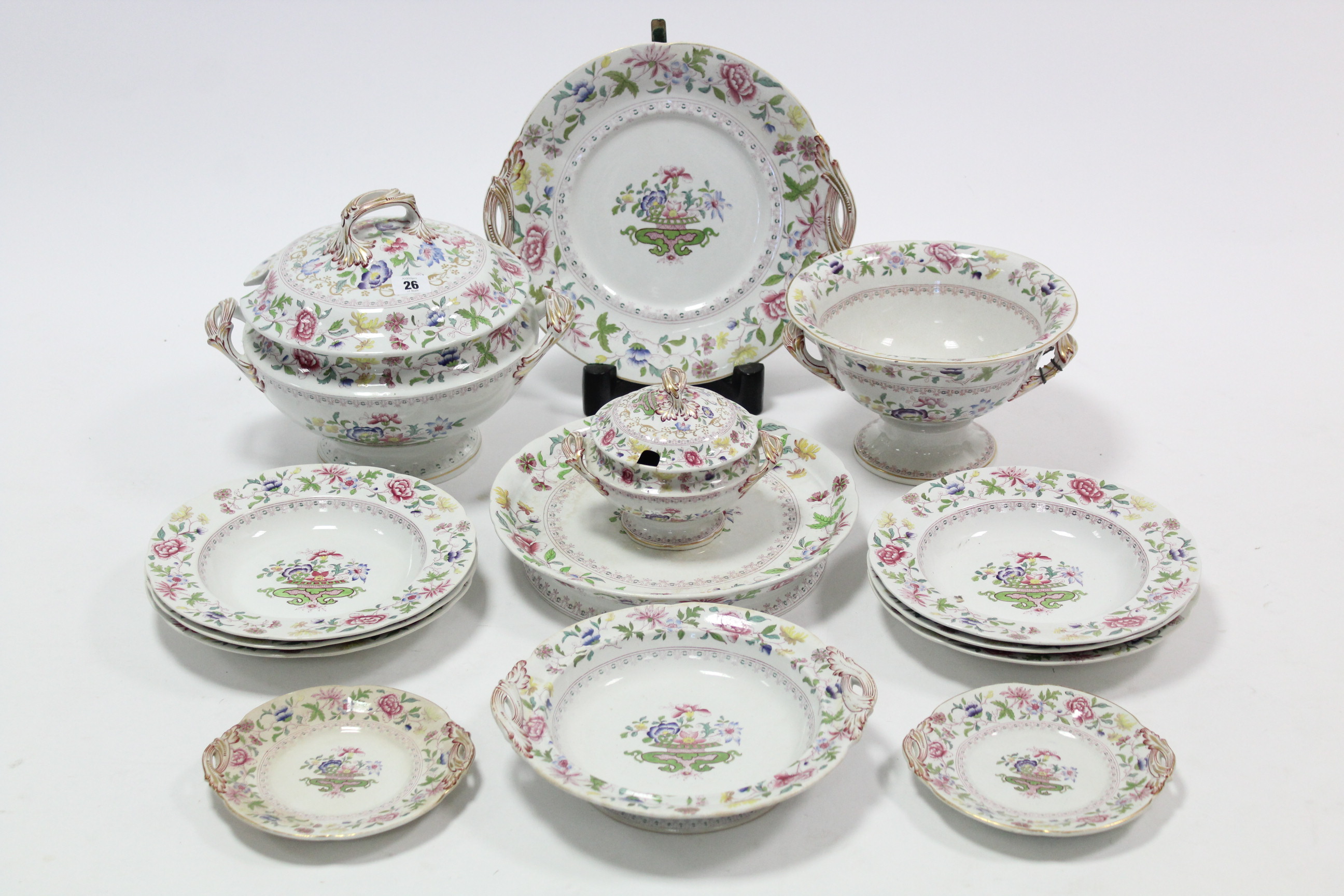 A Victorian china floral decorated thirteen-piece part dinner service including a circular tureen,