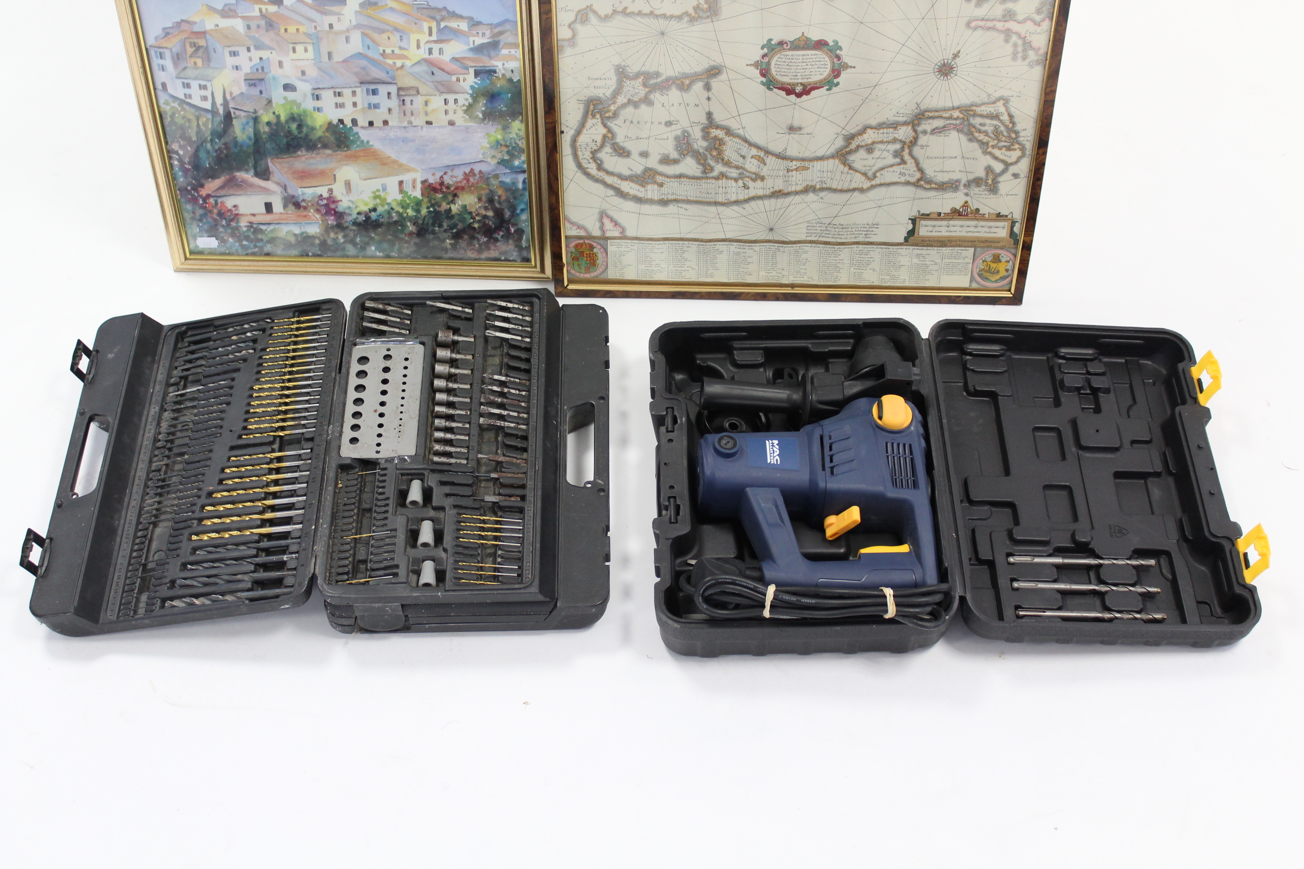 A Macallister 230V hammer drill; a Performance power drill bit set, both cased; & four decorative