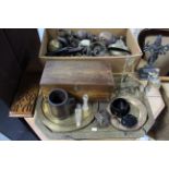 A Dutch-style brass electrolier, 19” high; three eastern brass trays; an adjustable book trough; &