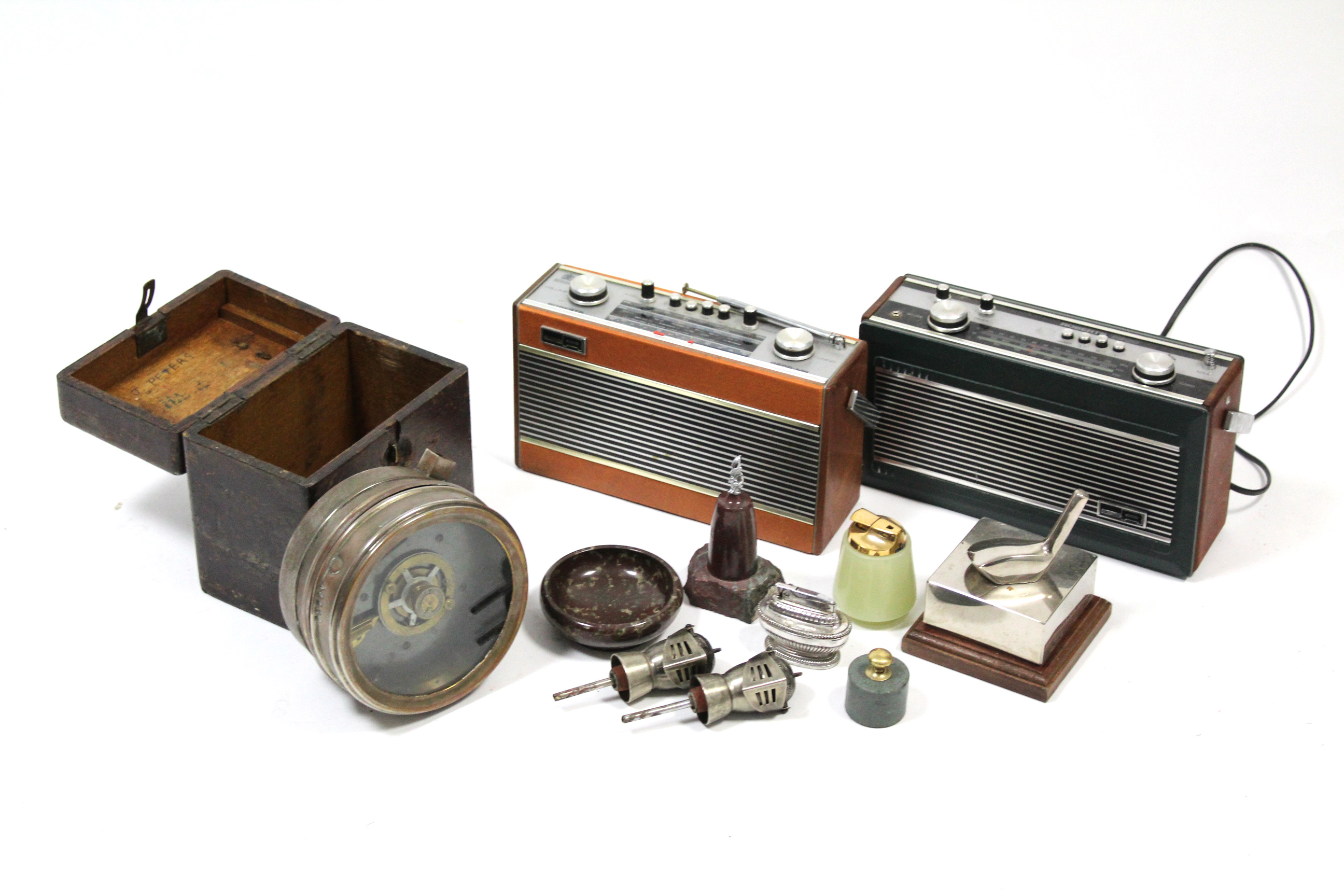 A Pigeon Fancier’s timepiece, cased; two Roberts transistor radios; & sundry other items.