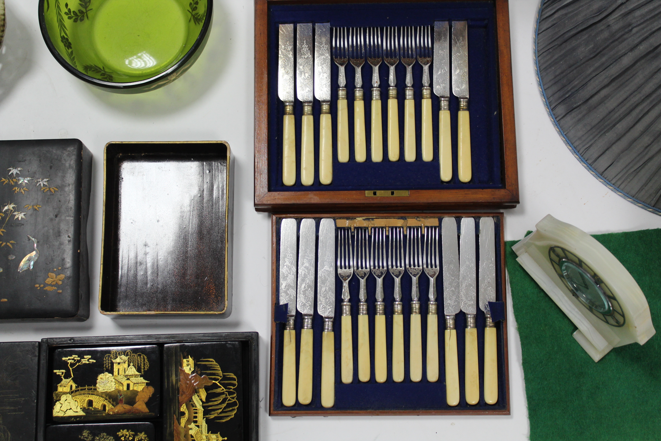 A set of twelve stainless steel dinner knives & forks, in mahogany case; a table lamp; four - Image 2 of 4