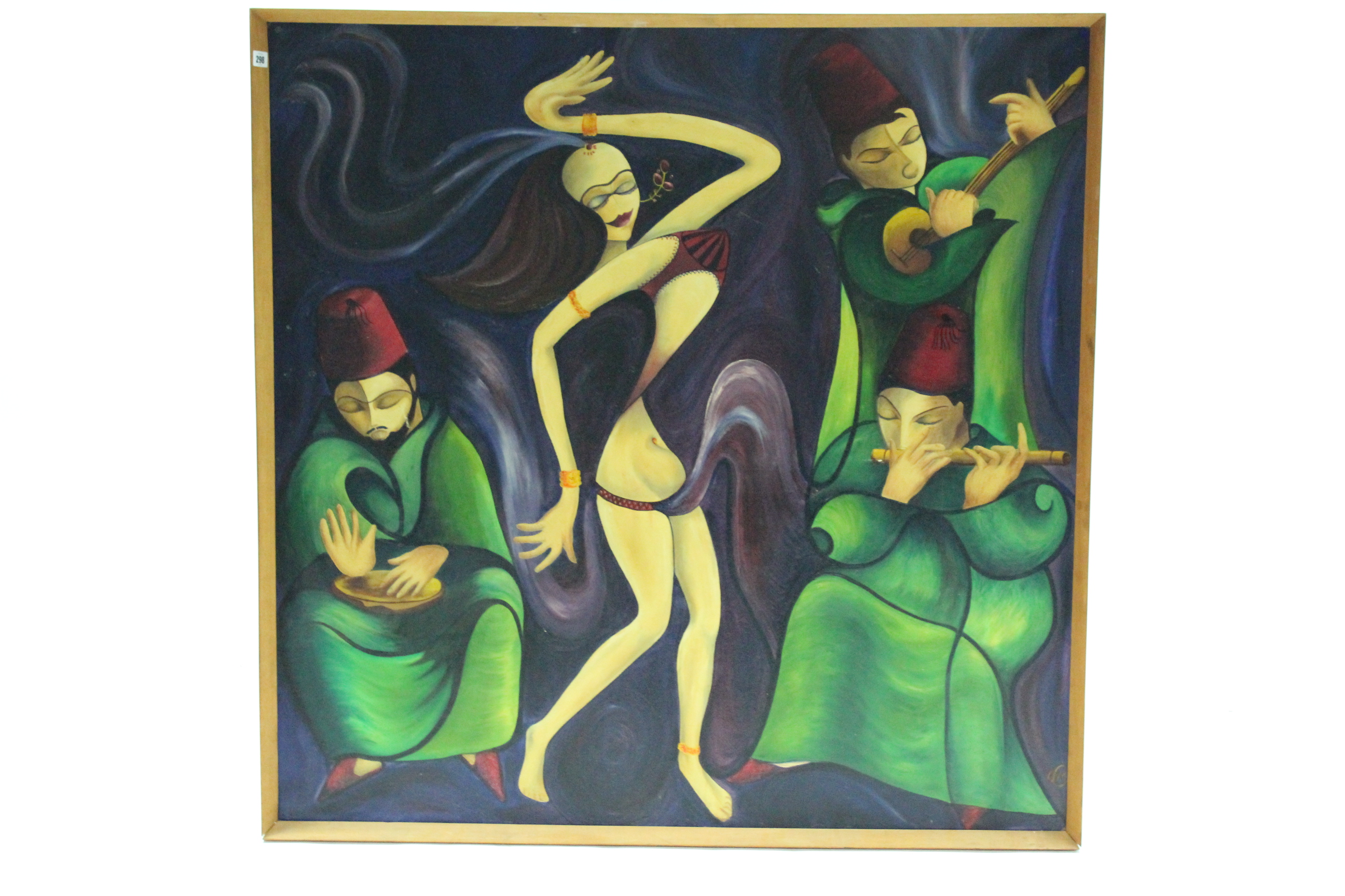 A large oil painting on board by Olga C Miksche titled “Nightclub”, signed with initials, 48” x 48”,