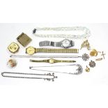 A 9ct. gold crucifix pendant; a 9ct. gold locket; three wristwatches; & various items of costume