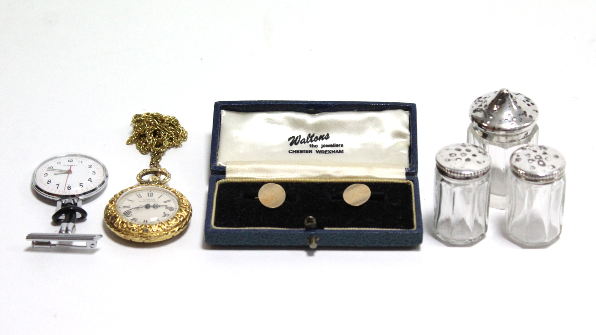 A pair of 9ct gold cufflinks; two fob watches; & three glass condiments each with silver top. - Image 2 of 3