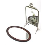 A Victorian brass-frame fire screen inset floral painted bevelled mirror plate, 17½” wide; & an