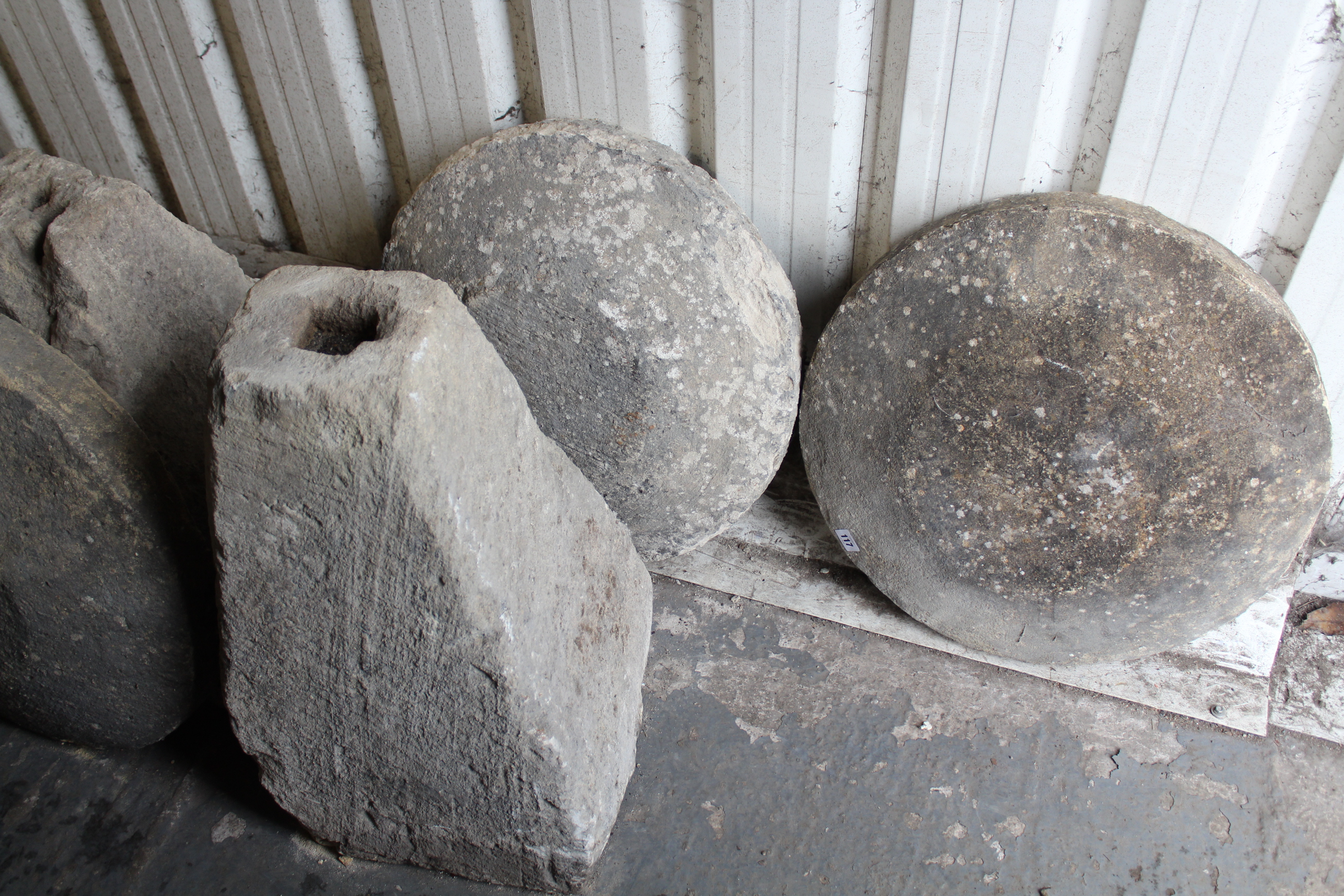 Four cast-stone staddle stones (various sizes); & a staddle stone top, part w.a.f. - Image 3 of 3