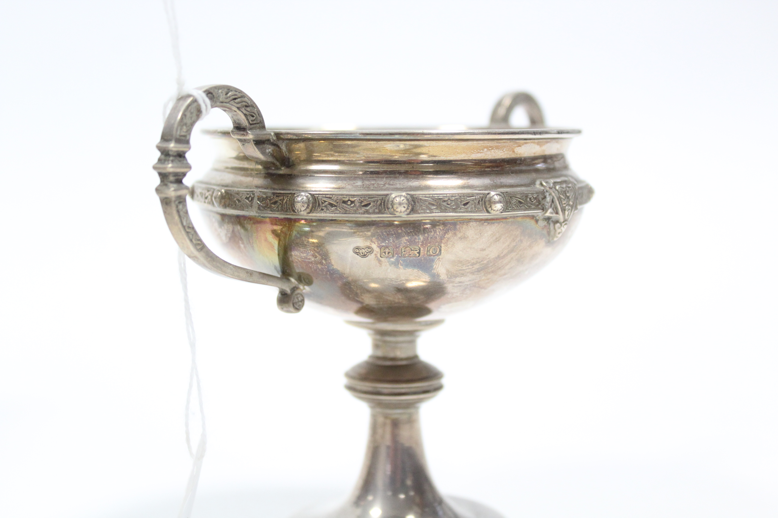 A George V silver two-handled bon-bon dish on round pedestal foot, 4¼” high, Birmingham 1903; a - Image 3 of 4