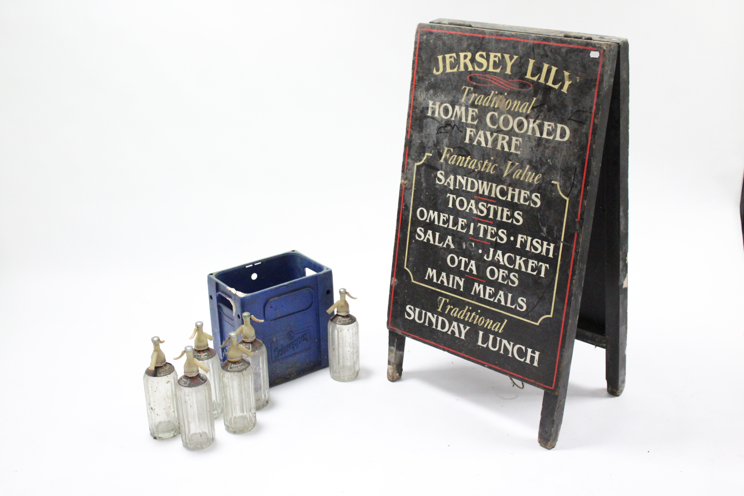 Six Schweppes glass soda syphon bottles; a Schweppes blue plastic six-division crate; & three - Image 2 of 4