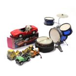A Mattel toy “Barbie’s Ferrari”, boxed; a child’s four-piece drum kit; six Tonka toys; & various