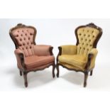 A pair of Victorian style buttoned back armchairs (upholstered in different material), on short