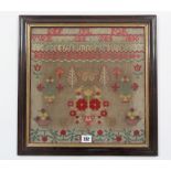 An embroidered sampler by Barbara Ellwood Lishman dated 1890, 14¼” square; together with sundry