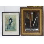 A gilt frame rectangular wall mirror inset bevelled plate, 20” x 16”; a pair of small watercolour