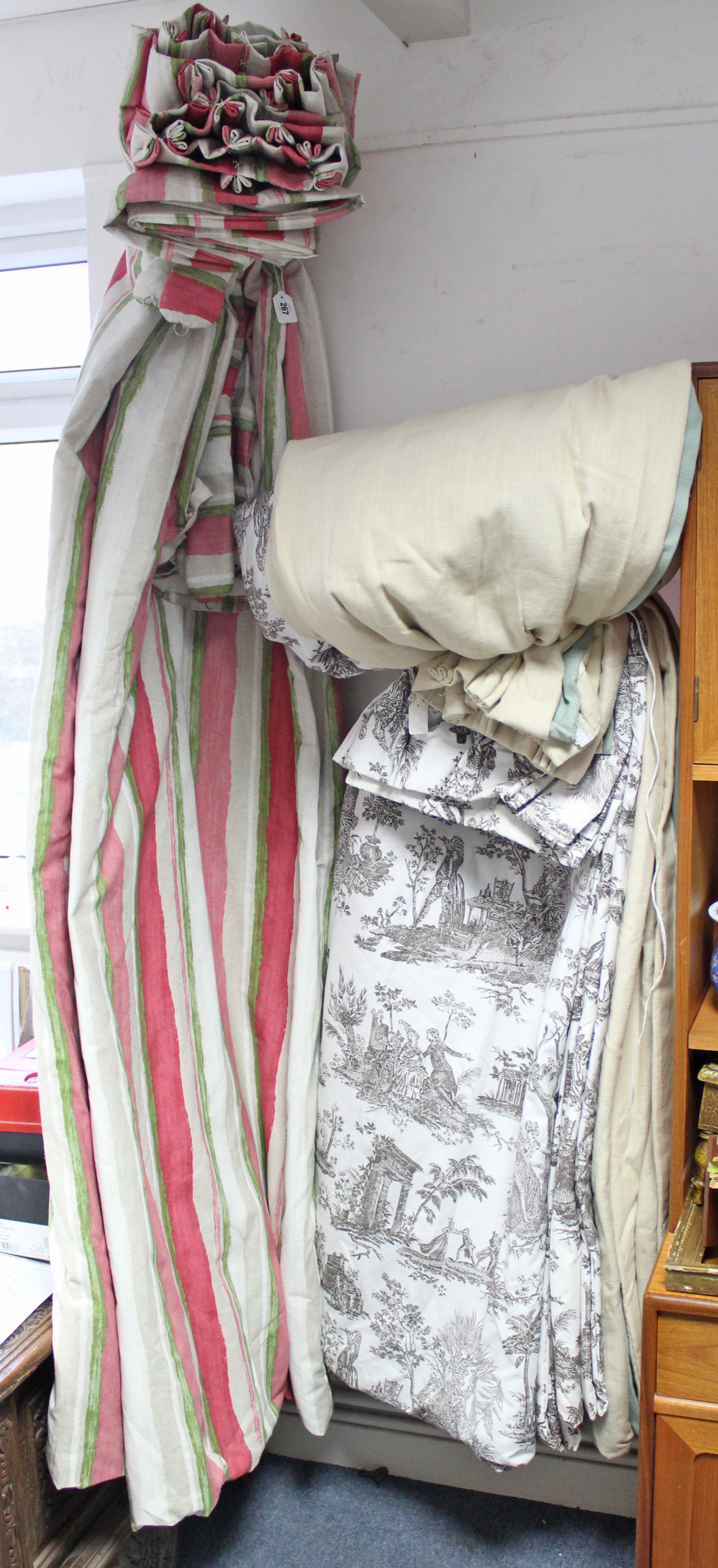 A pair of lined & interlined curtains with cream, pink, & green striped design, 7’ drop x 8’8” wide,