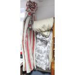 A pair of lined & interlined curtains with cream, pink, & green striped design, 7’ drop x 8’8” wide,