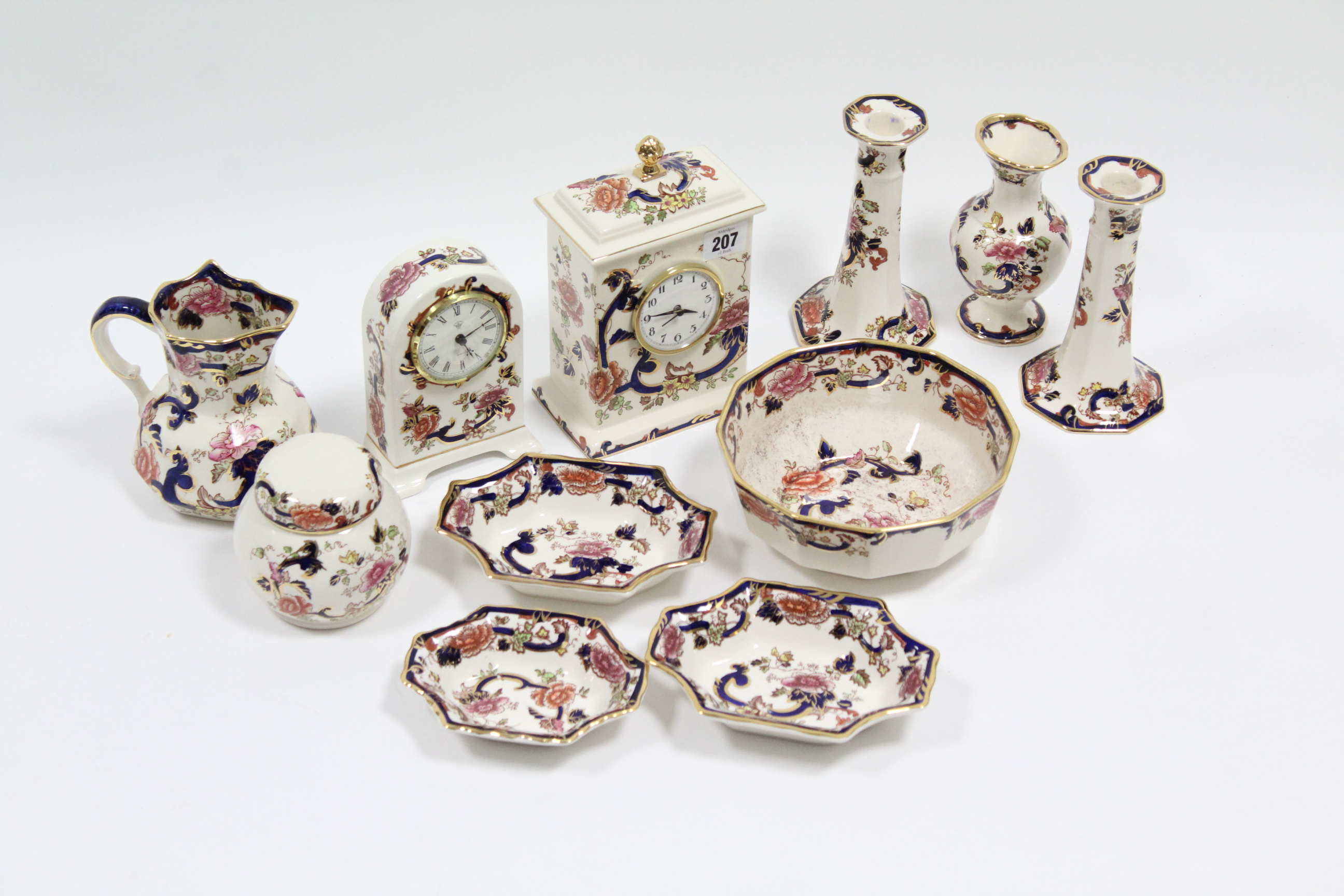 Two Mason’s ironstone “Mandalay” pattern mantel clocks, 7¾”, & 6” high; & nine ditto ornaments.