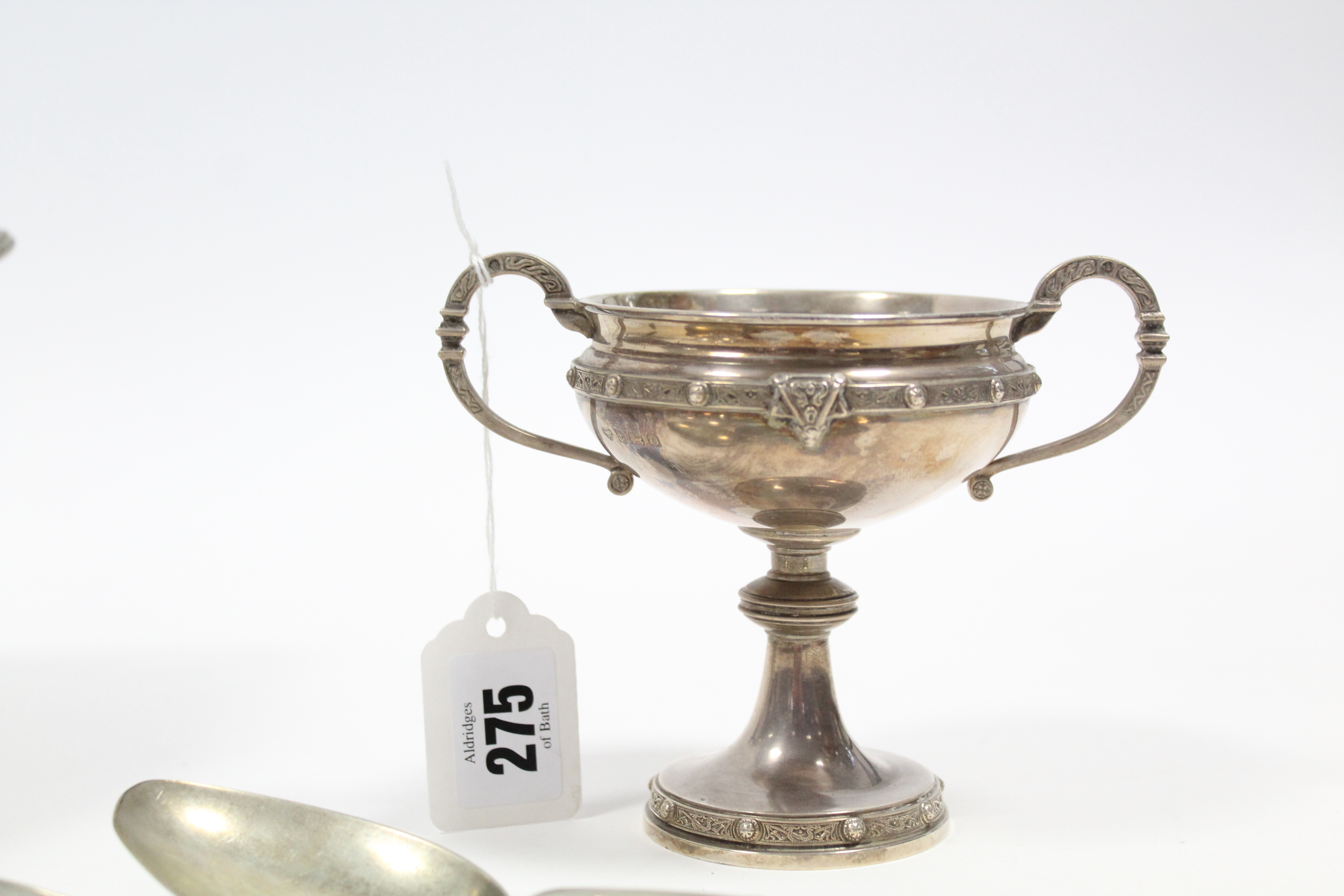 A George V silver two-handled bon-bon dish on round pedestal foot, 4¼” high, Birmingham 1903; a - Image 2 of 4