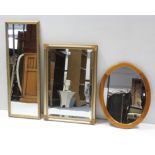Two gilt frame rectangular wall mirrors, 37” x 13½”, & 29” x 19½”; & a pine frame oval wall