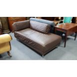 A Habitat brown leather day-bed on short chrome-finish legs, 66” long.