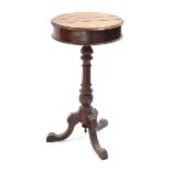 A 19th century mahogany tripod table with two hinged compartments to the circular top, & on vase-