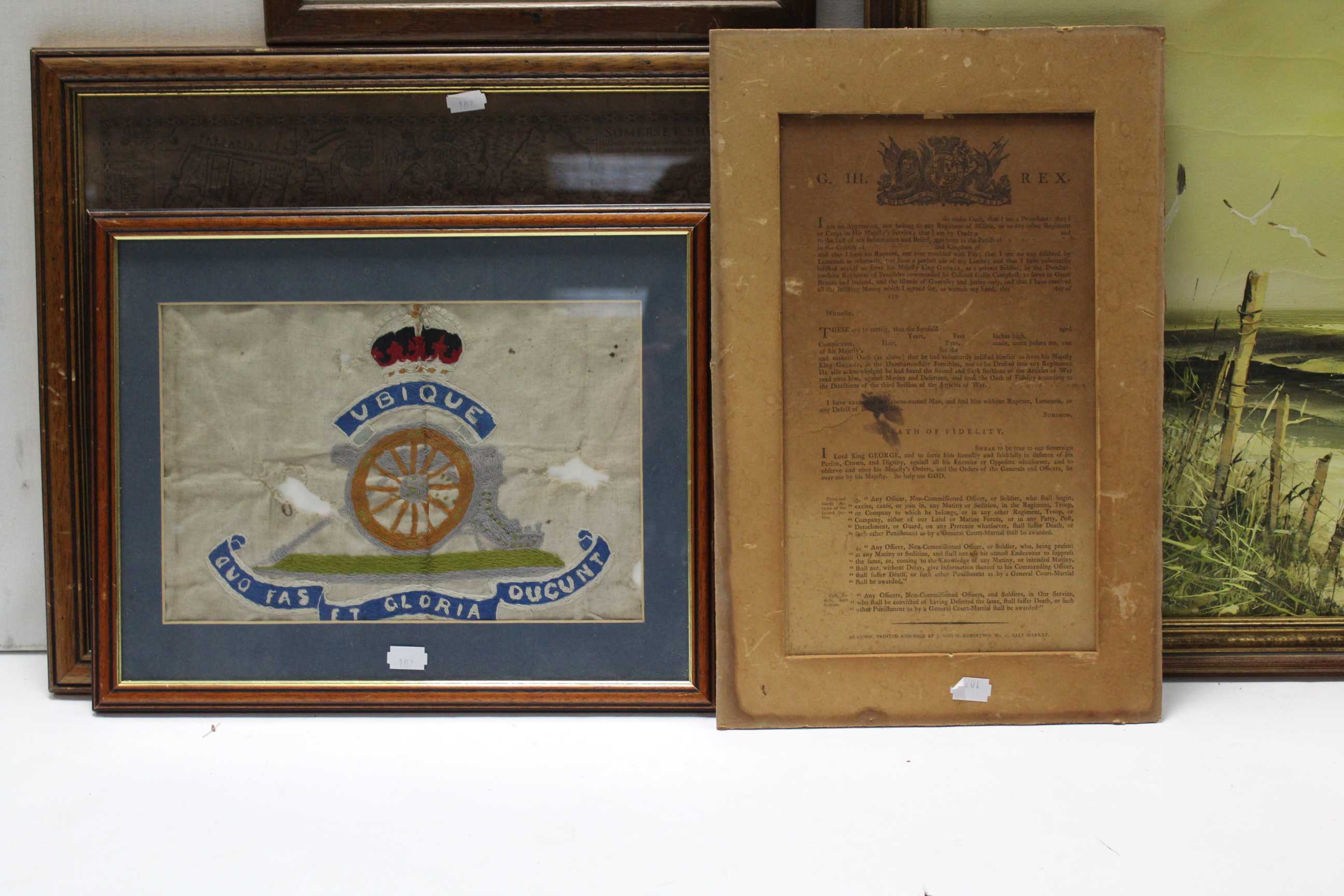 A blue fibre-covered travelling trunk with hinged lift-lid, 36” wide; a gilt frame rectangular - Image 6 of 8