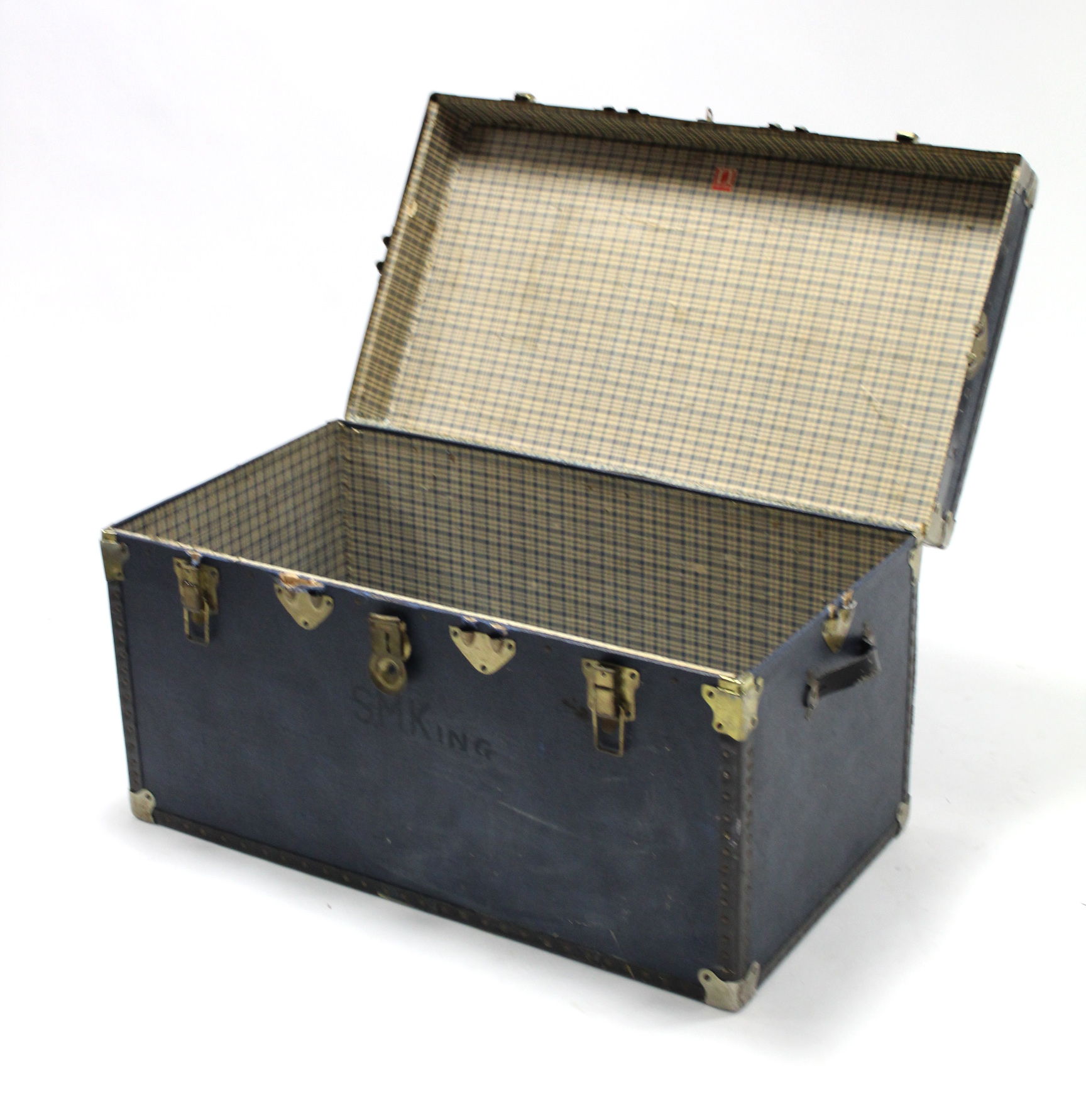 A blue fibre-covered travelling trunk with hinged lift-lid, 36” wide; a gilt frame rectangular - Image 2 of 8