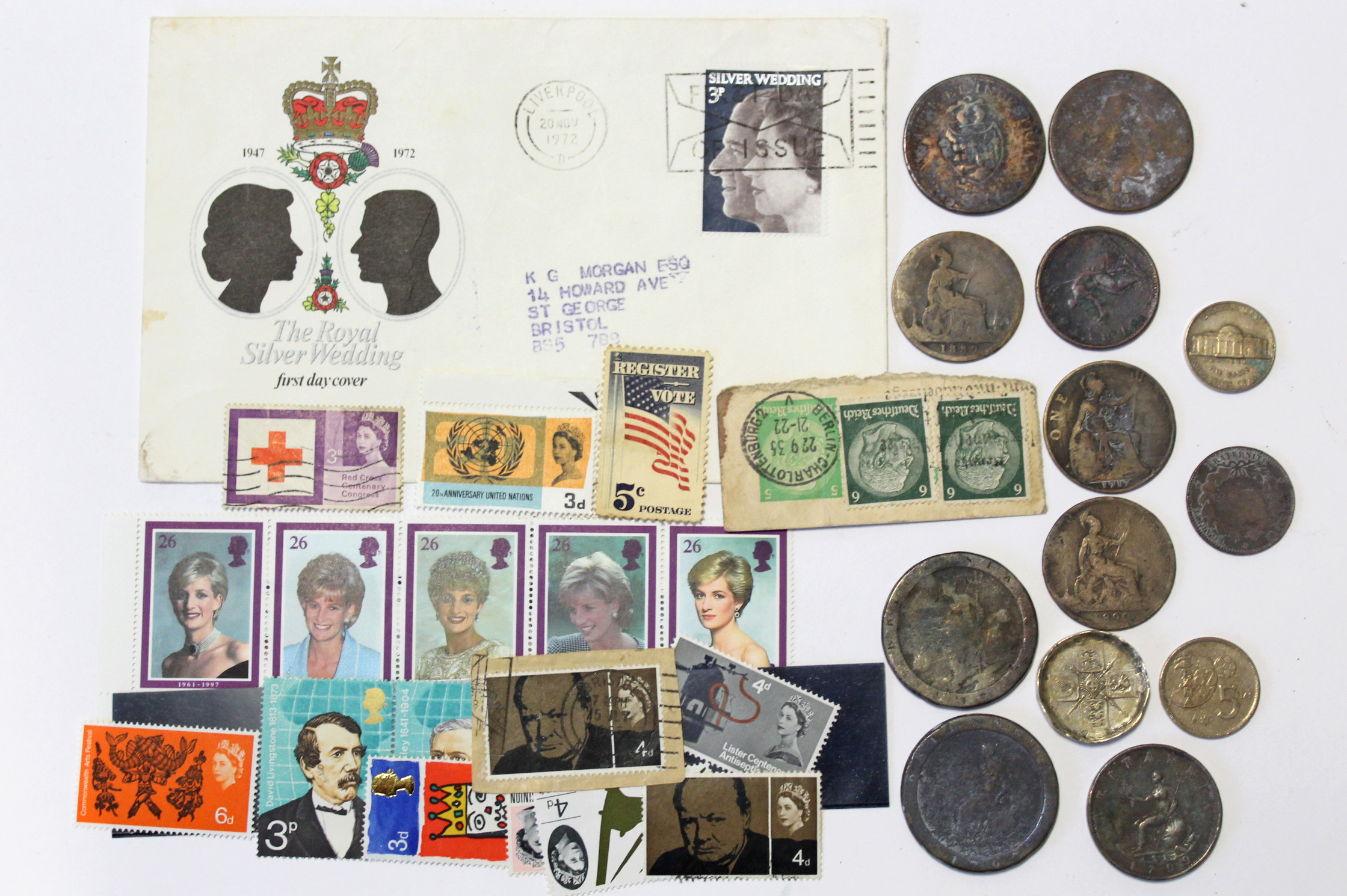 Two “Cartwheel” pennies; sundry other coins; a 1972 Royal Silver Wedding First Day Cover; & a few