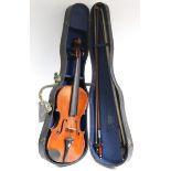 A violin & two bows (violin 23¼” long), with case.