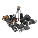 A Kodak “No. A-127” folding camera; a Mamiya “ZE-2” camera; & various other cameras & camera