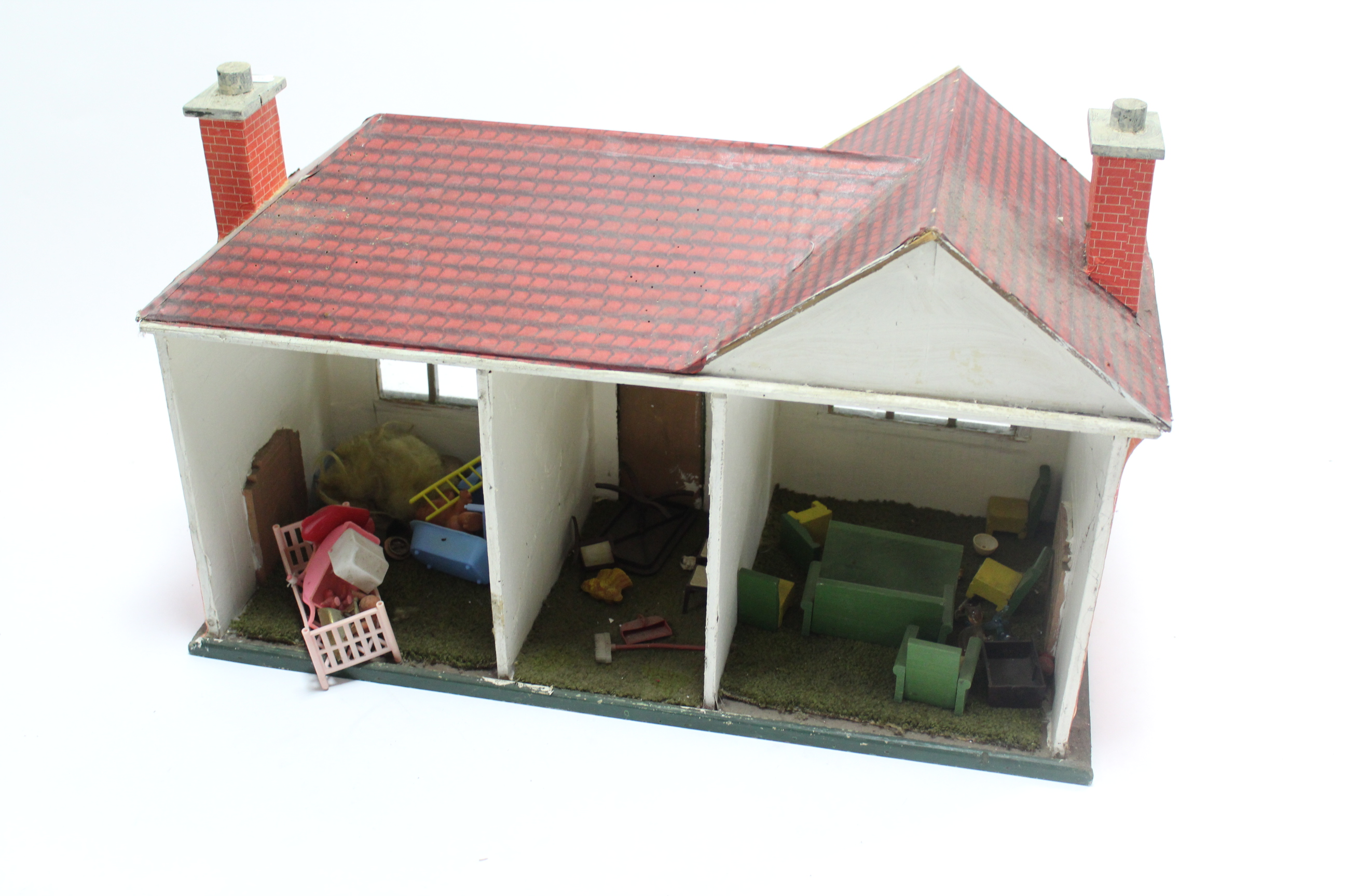 A painted wooden one storey doll’s house with open back, 27” wide x 17” high; various items of - Image 2 of 2