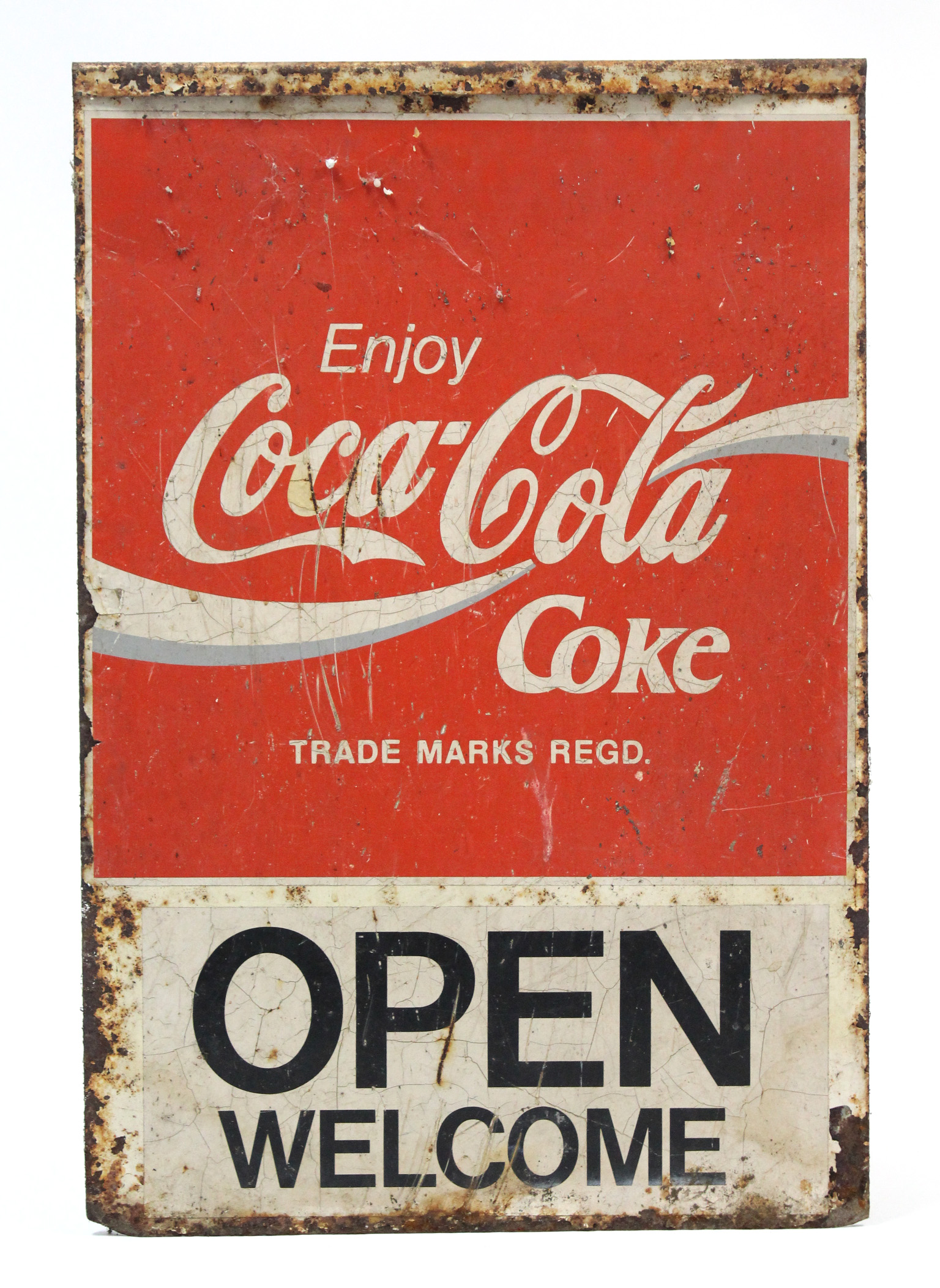 A Greek painted tin rectangular double-sided sign ”Enjoy Coca Cola Coke, ANOKTO WELCOME”, 29½” x