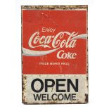 A Greek painted tin rectangular double-sided sign ”Enjoy Coca Cola Coke, ANOKTO WELCOME”, 29½” x