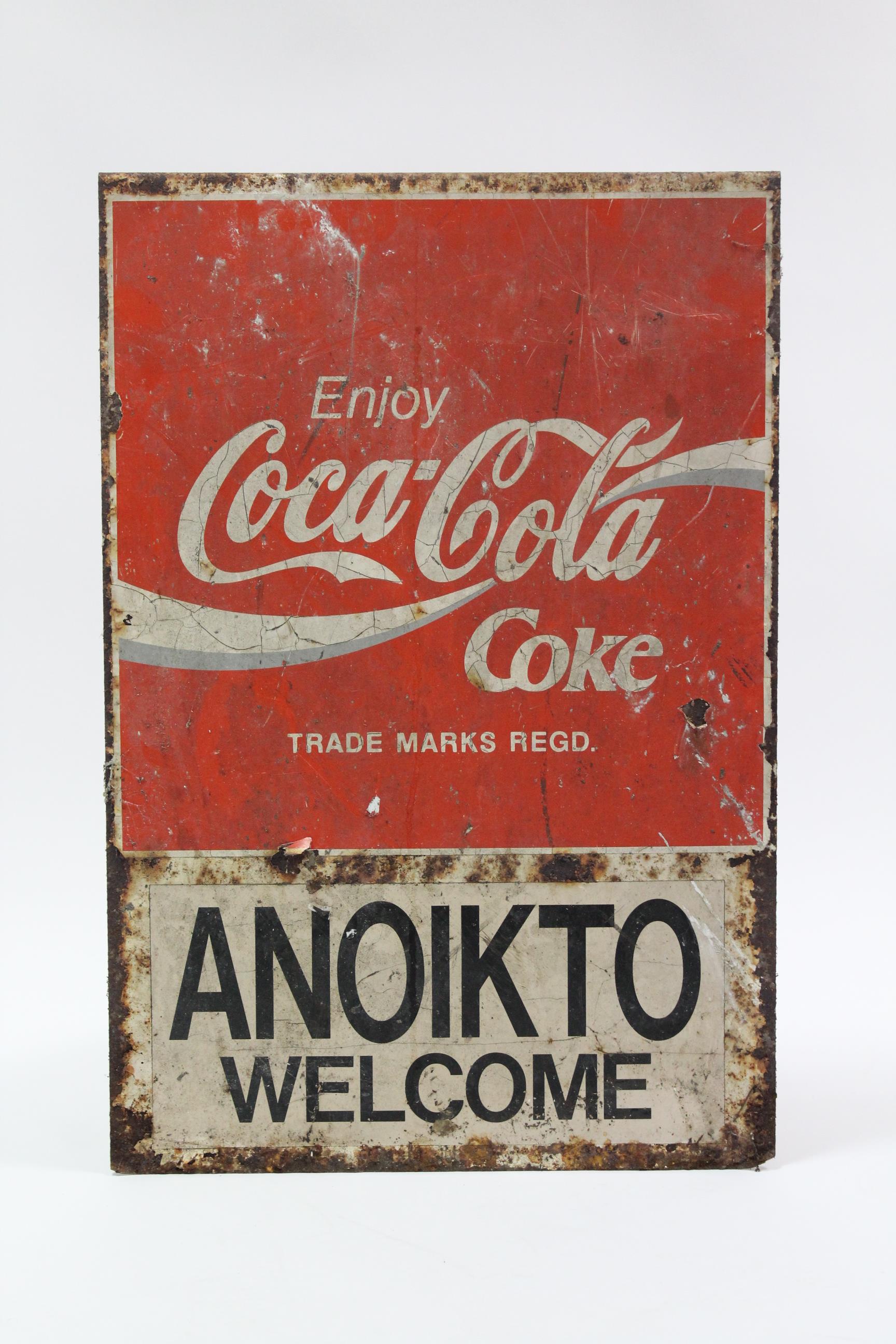 A Greek painted tin rectangular double-sided sign ”Enjoy Coca Cola Coke, ANOKTO WELCOME”, 29½” x - Image 2 of 2