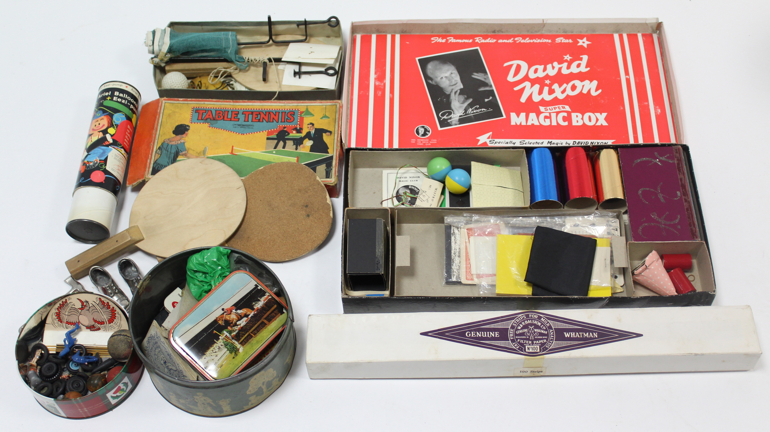 A Chad Valley “Table Tennis” set; a Metra “David Nixon” super magic box set, both boxed; various