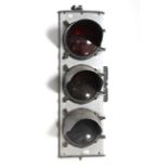 A set of vintage Eagle traffic lights, 40” high, inset with three 8” diam. lenses.